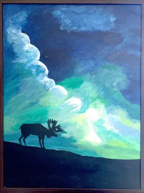 Painting of a moose silhouette beneath green and blue northern lights