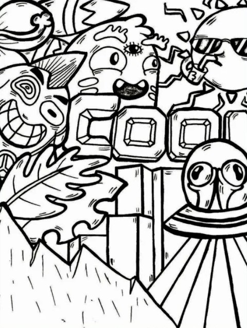 Black and white ink doodle of quirky characters around the word COOL