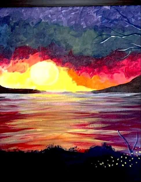 Painting of a blazing yellow and red sunset reflected on a lake