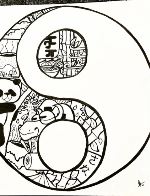 Yin and yang symbol filled with detailed ink doodles, pandas and patterns